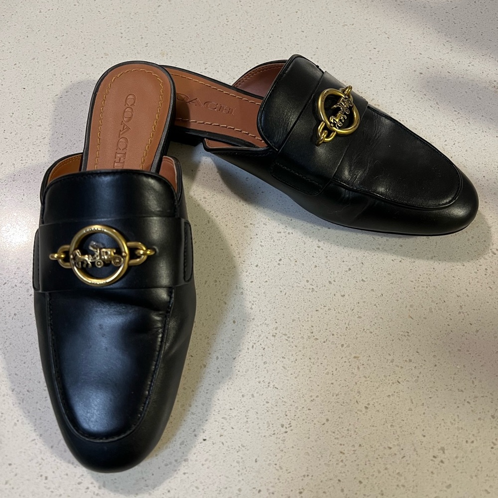 Coach black leather mules